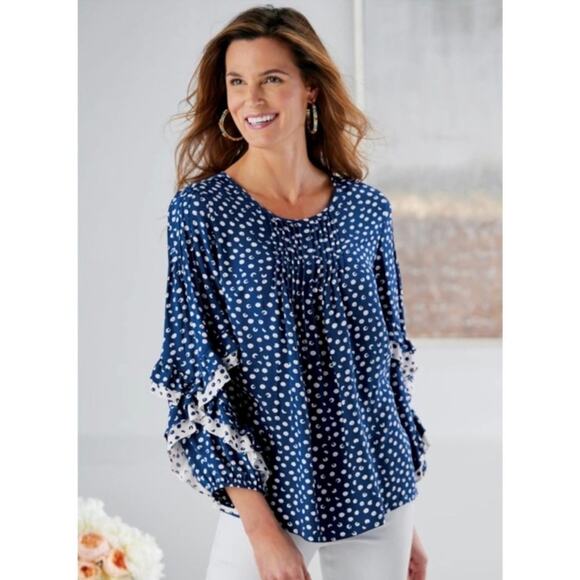 SOFT SURROUNDINGS Sonrisa Navy Polka Dot
Small Cottagecore Boho Flowy Smocked - Picture 3 of 8
